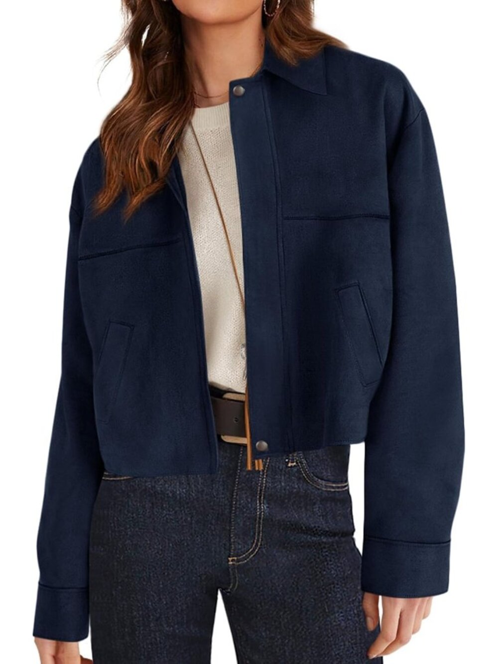 Women's Navy Faux Suede Cropped 2 Pockets Fall Jacket Oversized Shacket